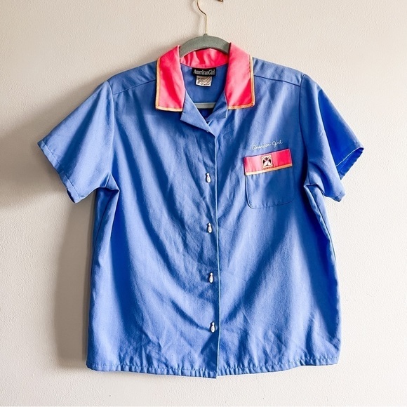 American Girl Vintage Kids Blue & Pink Bowling Shirt Large Bowling Pin Buttons - Picture 2 of 10